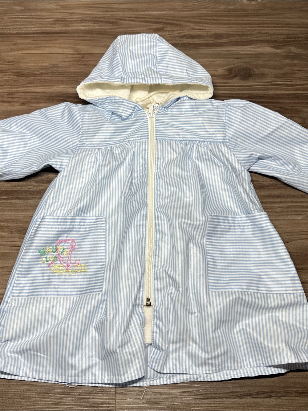 Vtg Nautic Club Light Blue Cream Striped Hooded Raincoat Pink Embroidery Details